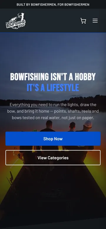 The Bowfishing Shop website homepage, mobile view